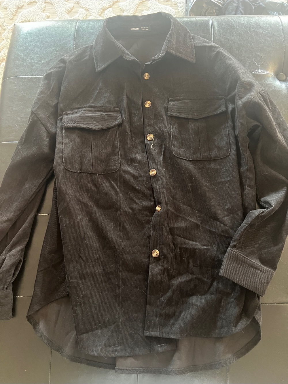 SHEIN Women’s Black Corduroy Button-Front Shirt Jacket with Chest Pockets